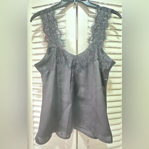 Lace Trim Black Satin Tank Top